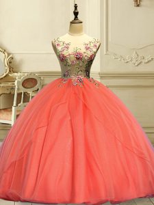 Affordable Appliques Sweet 16 Quinceanera Dress Orange Red Lace Up Sleeveless Floor Length
