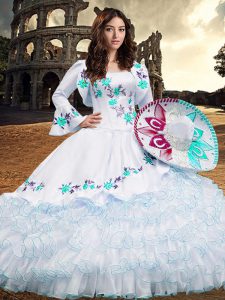 Noble Aqua Blue Lace Up Square Embroidery and Ruffled Layers Quinceanera Gown Organza Long Sleeves