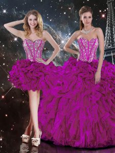 Fuchsia Sleeveless Floor Length Beading and Ruffles Lace Up Quinceanera Gown