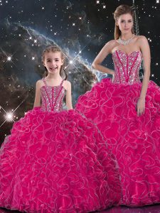 Adorable Ball Gowns Quinceanera Dress Hot Pink Sweetheart Organza Sleeveless Floor Length Lace Up