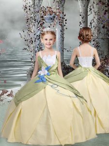 Taffeta Sleeveless Floor Length Little Girl Pageant Gowns and Ruching and Hand Made Flower