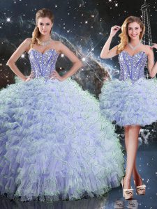 Lavender Sleeveless Floor Length Beading and Ruffles Lace Up 15th Birthday Dress