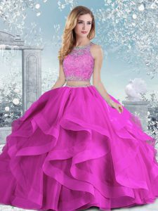 Colorful Organza Scoop Sleeveless Clasp Handle Beading and Ruffles Sweet 16 Dress in Fuchsia