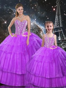 Purple Ball Gowns Beading and Ruffled Layers 15 Quinceanera Dress Lace Up Organza and Tulle Sleeveless Floor Length