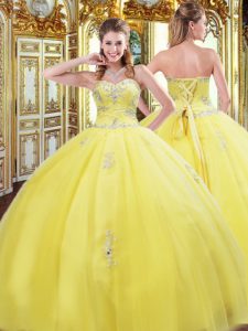 Perfect Gold Tulle Lace Up 15th Birthday Dress Sleeveless Floor Length Beading and Appliques