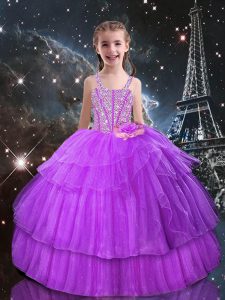 Beautiful Lilac Sleeveless Organza Lace Up Kids Pageant Dress for Quinceanera and Wedding Party