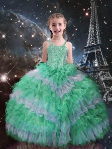 Apple Green Sleeveless Beading and Ruffled Layers Floor Length Little Girl Pageant Dress