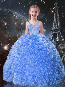 Baby Blue Straps Neckline Beading and Ruffles Little Girls Pageant Dress Sleeveless Lace Up