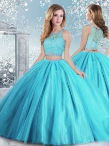 Floor Length Aqua Blue Quinceanera Dresses Tulle Sleeveless Beading and Sequins