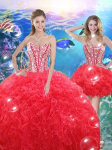 Coral Red Organza Lace Up 15 Quinceanera Dress Sleeveless Floor Length Beading and Ruffles