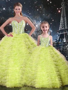 Fancy Sweetheart Sleeveless Lace Up Quince Ball Gowns Yellow Green Tulle