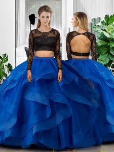 Trendy Blue Tulle Backless Ball Gown Prom Dress Long Sleeves Floor Length Lace and Ruffles