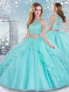 Modest Sleeveless Tulle Floor Length Clasp Handle Quince Ball Gowns in Aqua Blue with Beading and Lace