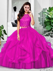 Perfect Fuchsia Two Pieces Halter Top Sleeveless Tulle Floor Length Zipper Lace and Ruffles Quinceanera Gowns