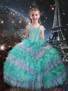 Sweet Floor Length Ball Gowns Sleeveless Turquoise Little Girl Pageant Gowns Lace Up