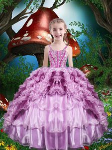 Sleeveless Beading and Ruffles and Ruffled Layers Lace Up Kids Formal Wear