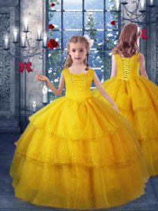 Floor Length Gold Little Girl Pageant Gowns Organza Sleeveless Ruffled Layers