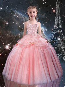 Elegant Rose Pink Sleeveless Floor Length Beading Lace Up Girls Pageant Dresses