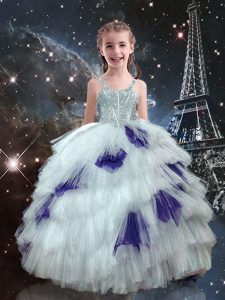 Modern White Ball Gowns Tulle Straps Sleeveless Beading and Ruffled Layers Floor Length Lace Up Kids Pageant Dress