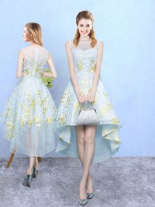 Scoop Sleeveless Court Dresses for Sweet 16 High Low Appliques and Pattern Apple Green Tulle