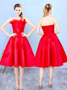 Flirting Strapless Sleeveless Dama Dress for Quinceanera Knee Length Appliques and Ruffles Red Satin
