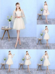 Nice Champagne Empire V-neck Cap Sleeves Tulle Knee Length Lace Up Lace Quinceanera Dama Dress