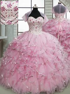 Baby Pink 15th Birthday Dress Military Ball and Sweet 16 and Quinceanera with Beading and Ruffles Sweetheart Sleeveless Brush Train Lace Up
