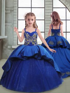 Royal Blue Ball Gowns Spaghetti Straps Sleeveless Taffeta and Tulle Brush Train Lace Up Embroidery Child Pageant Dress