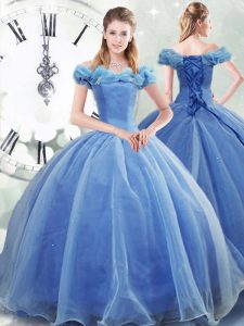 Fancy Light Blue Ball Gowns Off The Shoulder Sleeveless Organza Brush Train Lace Up Pick Ups Sweet 16 Dresses