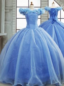 Custom Designed Light Blue Sleeveless Organza Brush Train Lace Up 15 Quinceanera Dress for Military Ball and Sweet 16 and Quinceanera