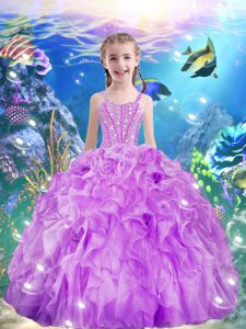 Fashionable Sleeveless Lace Up Floor Length Beading and Ruffles Kids Pageant Dress