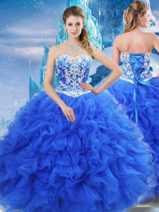 Blue Lace Up Sweetheart Beading and Ruffles 15th Birthday Dress Organza Sleeveless