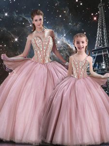 Stunning Pink Lace Up Vestidos de Quinceanera Beading Sleeveless Floor Length