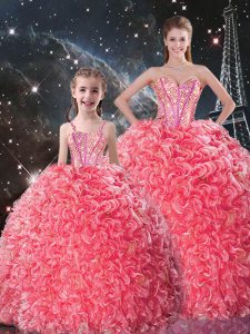 Delicate Sweetheart Sleeveless Lace Up Quinceanera Dress Coral Red Organza