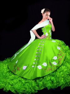 New Style Sleeveless Organza Brush Train Lace Up Quinceanera Dresses for Military Ball and Sweet 16 and Quinceanera
