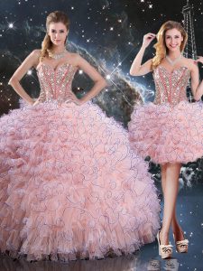 Sleeveless Floor Length Beading and Ruffles Lace Up Sweet 16 Quinceanera Dress with Baby Pink