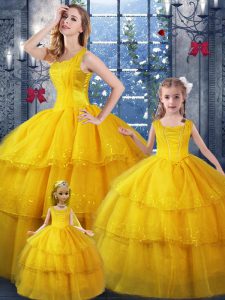 Stunning Gold Sleeveless Organza Lace Up Quince Ball Gowns for Military Ball and Sweet 16 and Quinceanera