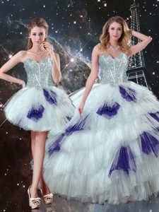 Floor Length Multi-color Quinceanera Gown Tulle Sleeveless Beading and Ruffled Layers and Sequins