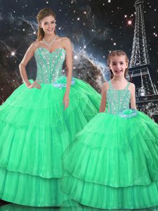Latest Apple Green Ball Gowns Ruffled Layers Vestidos de Quinceanera Lace Up Organza Sleeveless Floor Length