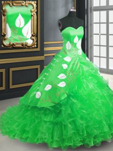 Sleeveless Organza Brush Train Lace Up 15 Quinceanera Dress in Green with Embroidery and Ruffles