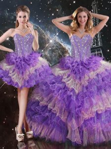 Custom Made Sleeveless Floor Length Beading and Ruffled Layers Lace Up Ball Gown Prom Dress with Multi-color