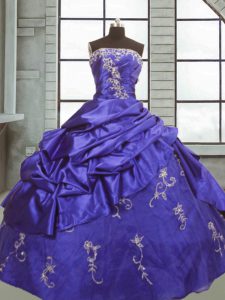 Adorable Floor Length Purple Quinceanera Gown Taffeta Sleeveless Appliques and Pick Ups