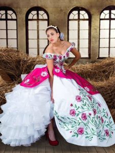 Customized Multi-color Ball Gowns Embroidery and Ruffled Layers Sweet 16 Dress Lace Up Chiffon Sleeveless Floor Length