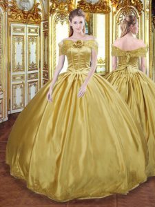 Gold Lace Up Off The Shoulder Beading and Appliques and Hand Made Flower Ball Gown Prom Dress Tulle Sleeveless
