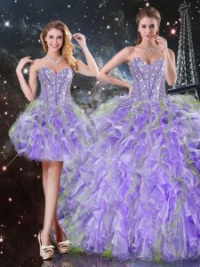 Romantic Lavender Ball Gowns Sweetheart Sleeveless Organza Floor Length Lace Up Beading and Ruffles Quinceanera Dress