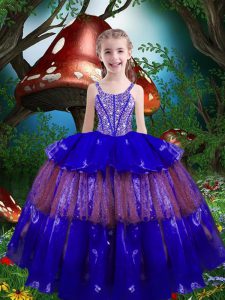 Royal Blue Lace Up Straps Beading and Ruffled Layers Little Girl Pageant Dress Organza Sleeveless