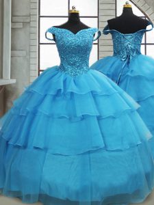 Baby Blue Ball Gown Prom Dress Organza Brush Train Sleeveless Beading and Ruffled Layers