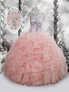 Elegant Scoop Sleeveless Lace Up Sweet 16 Dresses Baby Pink Organza