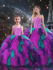 Perfect Floor Length Multi-color 15 Quinceanera Dress Organza Sleeveless Beading and Ruffles