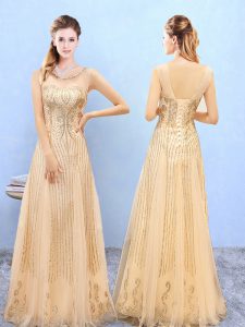 Gold Dama Dress for Quinceanera Wedding Party with Beading and Appliques Scoop Sleeveless Lace Up